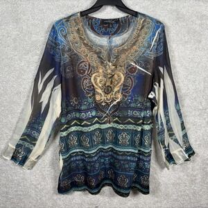 Avenida Azul Blue Green Shirt Top Blouse Embellished Sequins Long Sleeve Plus 1X